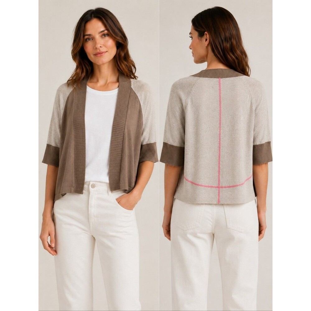 Ted Baker Open Front Cardigan Sz 2 US 6 Gray Taupe Knit Short Sleeve Cotagecore